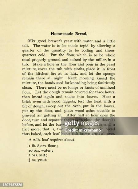 old engraved illustration of antique cookbook cookery recipe, recipe for homemade bread - letter document stockfoto's en -beelden