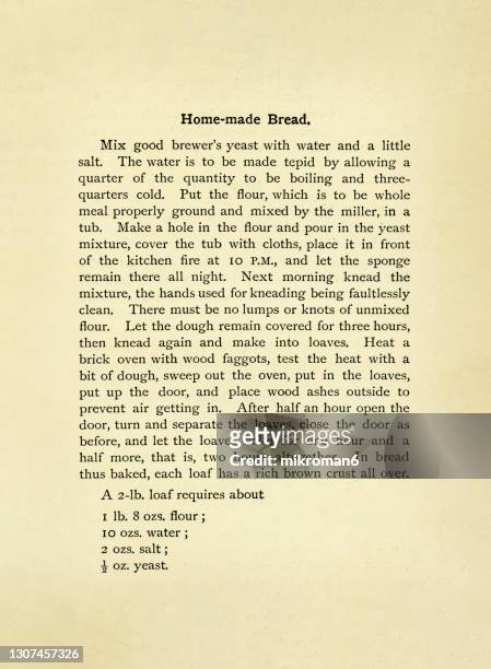 old engraved illustration of antique cookbook cookery recipe, recipe for homemade bread - nature alphabet letters - fotografias e filmes do acervo