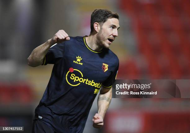 Dan Gosling of Watford FC celebrates after scoring their team's fourth goal during the Sky Bet Championship match between Rotherham United and...