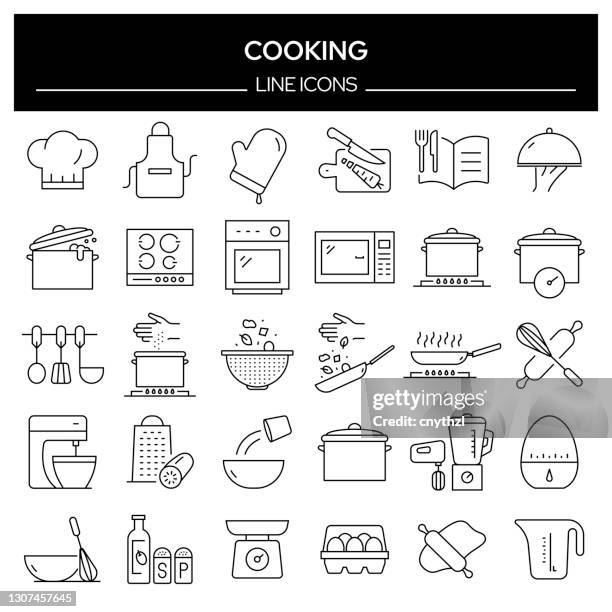 ilustraciones, imágenes clip art, dibujos animados e iconos de stock de conjunto de iconos de línea relacionados con la cocción. colección de símbolos de contorno, trazo editable - recetas de cocina