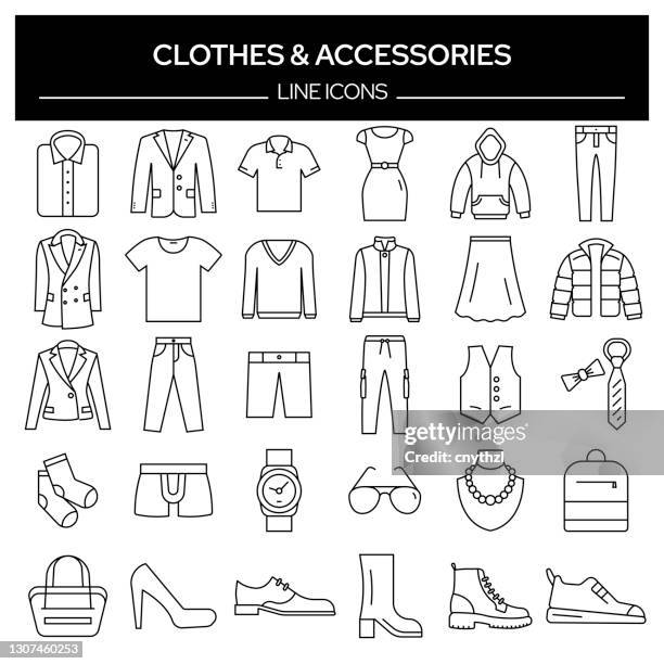 ilustrações, clipart, desenhos animados e ícones de conjunto de ícones de linha relacionados a roupas e acessórios. coleção de símbolos de contorno, traçado editável - camisa