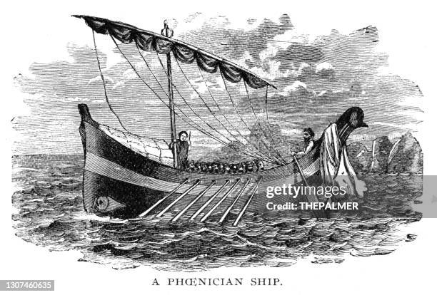 stockillustraties, clipart, cartoons en iconen met fenicische scheepsgravure 1892 - phoenician ship