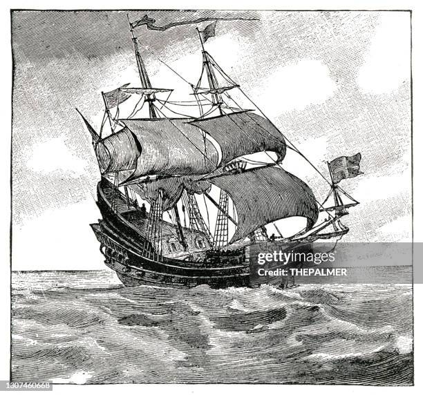 illustrations, cliparts, dessins animés et icônes de vieux navire de bataille colonial en 1892 - galleon