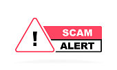 Scam alert geometric badge with exclamation mark. Modern Vector illustration