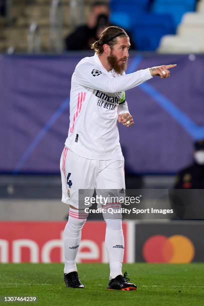 Sergio Ramos of Real Madrid celebrates after scoring his team's second goal during the UEFA Champions League Round of 16 match between Real Madrid...