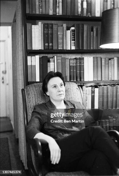 Harper Lee author of Pulitzer Prize-winning novel To Kill a Mockingbird photographed in her New York apartment, July 1960.