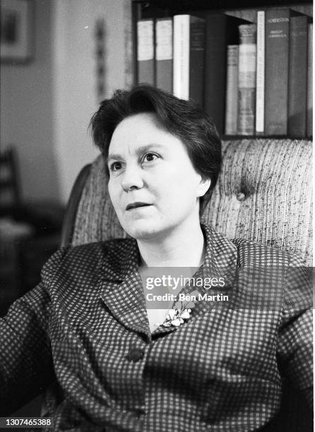 Harper Lee author of Pulitzer Prize-winning novel To Kill a Mockingbird photographed in her New York apartment, July 1960.