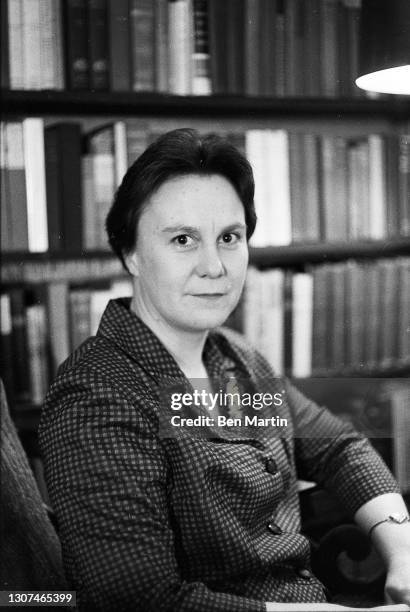 Harper Lee author of Pulitzer Prize-winning novel To Kill a Mockingbird photographed in her New York apartment, July 1960.