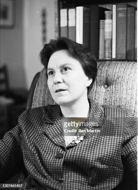 Harper Lee author of Pulitzer Prize-winning novel To Kill a Mockingbird photographed in her New York apartment, July 1960.