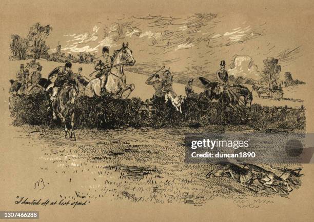 group of victorian fox hunters jumping over hedgerows, horse and hound, 19th century - jumping over hedge stock illustrations