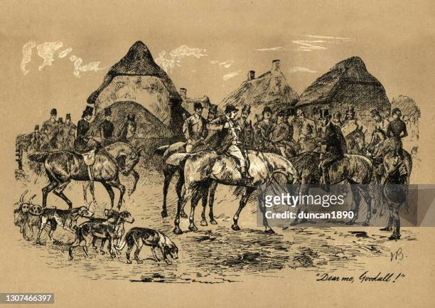viktorianische fuchsjagd sammeln mit ihren pferden und hunden, 19. jahrhundert - hunting sport stock-grafiken, -clipart, -cartoons und -symbole