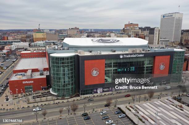 In an aerial view from a drone, the Prudential Center is photographed prior to the game between the New Jersey Devils and the Buffalo Sabres on March...