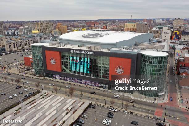 In an aerial view from a drone, the Prudential Center is photographed prior to the game between the New Jersey Devils and the Buffalo Sabres on March...
