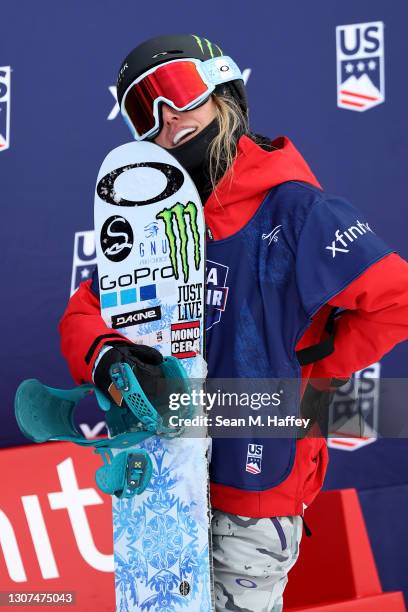 Jamie Anderson of the United States looks on after finishing seventh place in the women's snowboard big air final during Day 7 of the Aspen 2021 FIS...