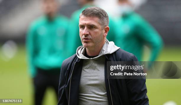 Plymouth Argyle manager Ryan Lowe looks on prior to the Sky Bet League One match between Milton Keynes Dons and Plymouth Argyle at Stadium mk on...