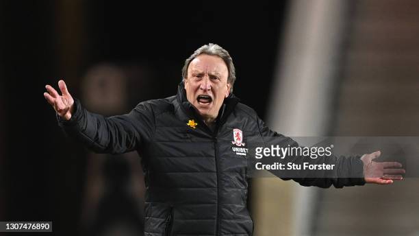 Middlesbrough manager Neil Warnock reacts towards a linesman during the Sky Bet Championship match between Middlesbrough and Preston North End at...