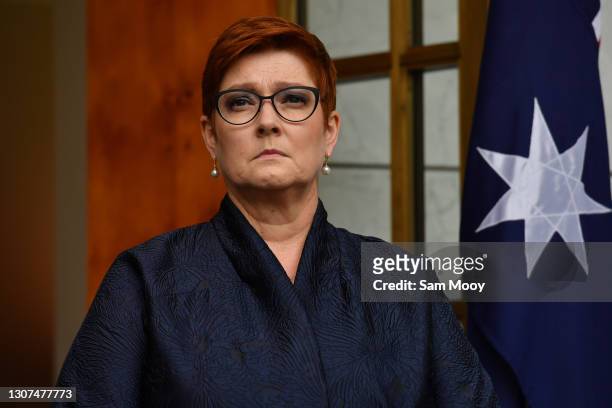 Minister for Foreign Affairs Marise Payne during a press conference in the Prime Ministers Courtyard at Parliament House on March 17, 2021 in...
