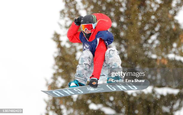 Jamie Anderson of the United States competes in the snowboard big air finals during Day 7 of the Aspen 2021 FIS Snowboard and Freeski World...