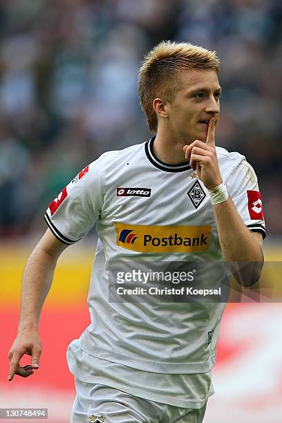 Marco Reus of Moenchengladbach celebrates the first goal during the Bundesliga match between Borussia Moenchengladbach and Hannover 96 at Borussia...
