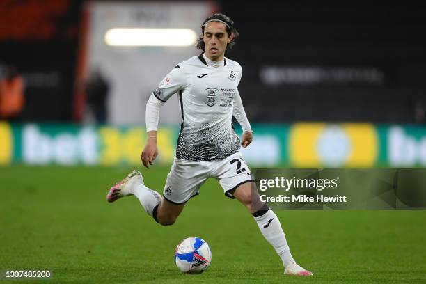 Yan Dhanda of Swansea City in action during the Sky Bet Championship match between AFC Bournemouth and Swansea City at Vitality Stadium on March 16,...