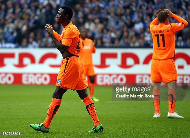 Chinedu Obasi of Hoffenheim reacts after he fails to score during the Bundesliga match between FC Schalke 04 and 1899 Hoffenheim at Veltins Arena on...