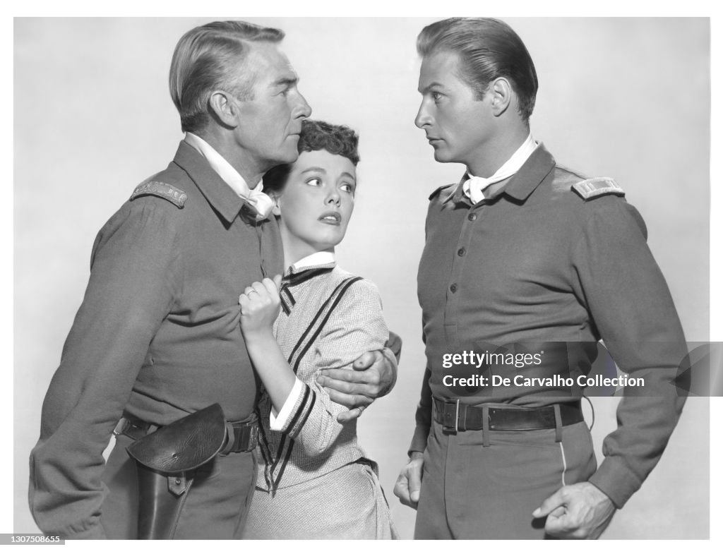 Randolph Scott, Phyllis Kirk and Lex Barker in 'Thunder over the Plains'