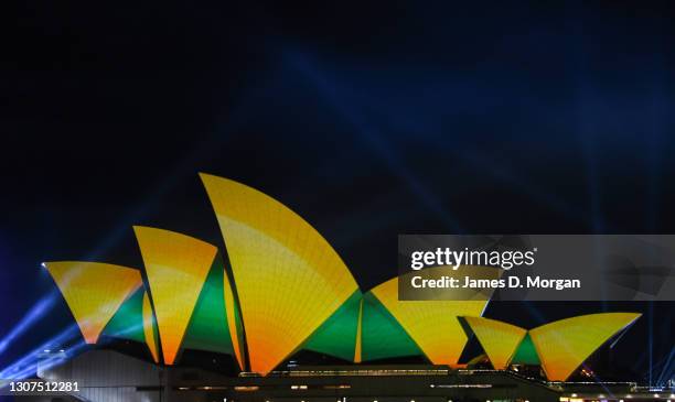 Part of the Australia Day live TV broadcast, the Opera house is lit and fireworks are set off on January 26, 2021 in Sydney, Australia.
