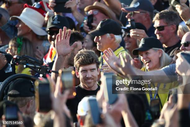 Emirates Team New Zealand Peter Burling greets fans after winning race and the American's Cup against Luna Rossa Prada Pirelli Team on March 17, 2021...
