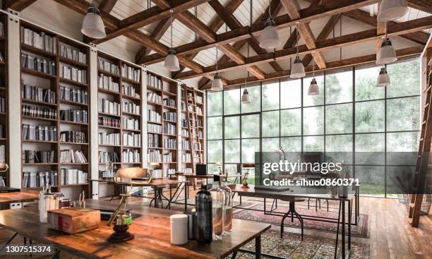 biblioteca chalet - loft vacio fotografías e imágenes de stock