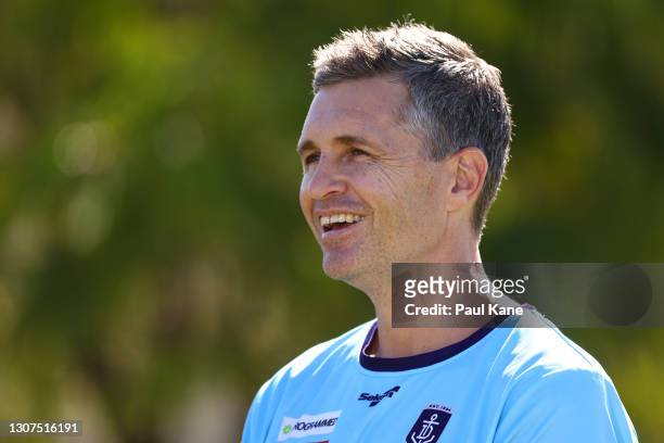 Justin Longmuir, head coach of the Dockers addresses the media before a Fremantle Dockers AFL training session at Victor George Kailis Oval on March...