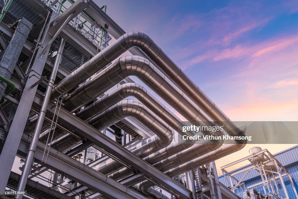 Steel pipelines and valves at industrial zone