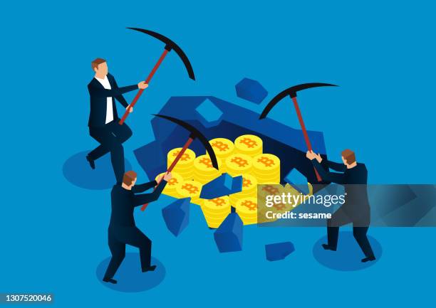 bitcoin mining, three businessmen holding pickaxes to dig underground bitcoins - mining stock illustrations