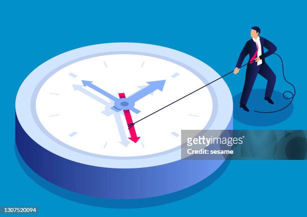 businessman uses a rope to pull the second hand to try to stop time - slow motion stock illustrations