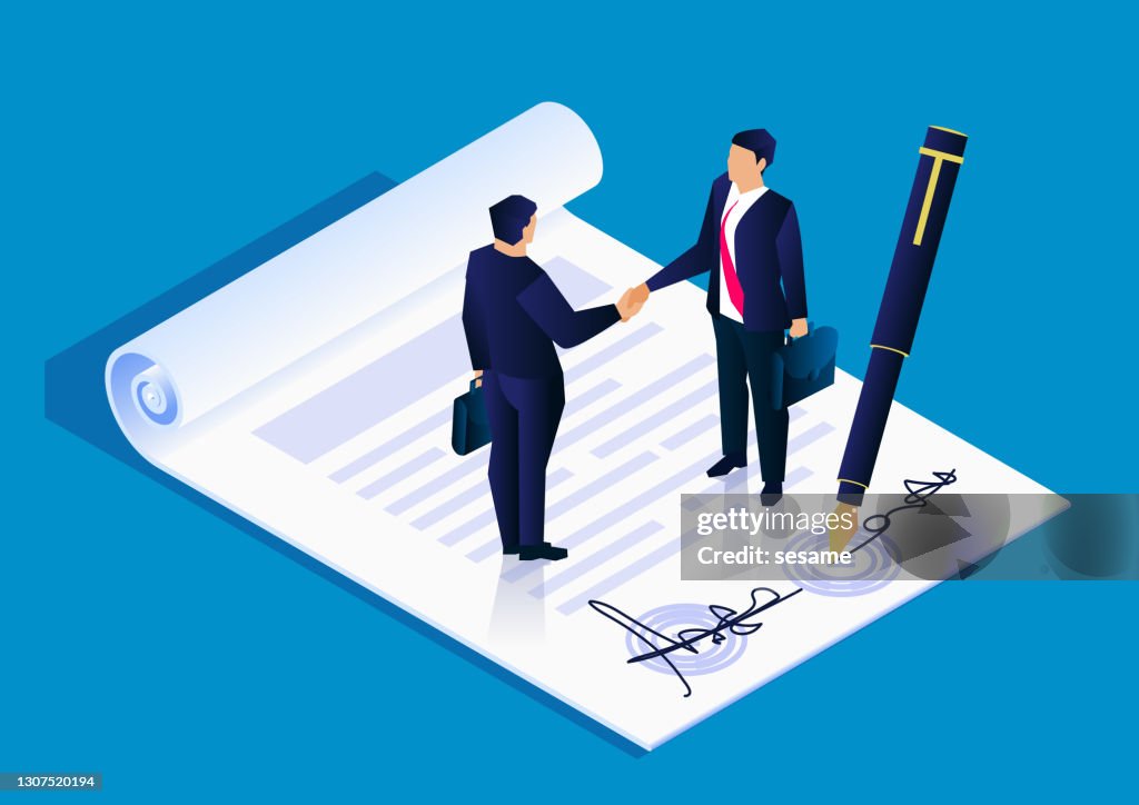 Zwei Geschäftsleute unterzeichneten erfolgreich einen Projektkooperationsvertrag, Business Concept Illustration