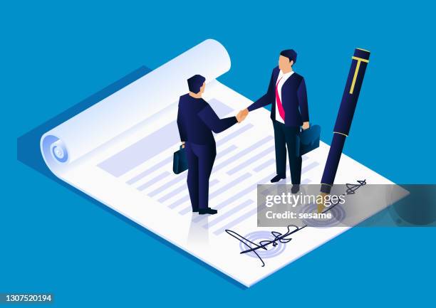 illustrazioni stock, clip art, cartoni animati e icone di tendenza di due uomini d'affari hanno firmato con successo un contratto di accordo di cooperazione di progetto, illustrazione del concetto di business - mutuo documento legale