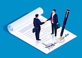 Two businessmen successfully signed a project cooperation agreement contract, business concept illustration