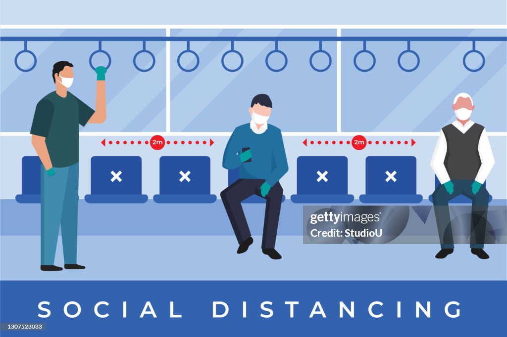 Distanciamiento social en la ilustración del transporte público