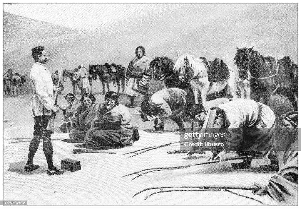 Antique illustration: Mountaineering in Tibet