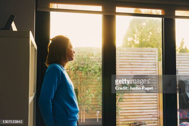 woman looking out of back door at sunset - quarantine stock pictures, royalty-free photos & images