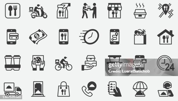 lebensmittel-lieferung, takeaway home concept icons - gerichtsmedizin stock-grafiken, -clipart, -cartoons und -symbole