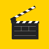 Video clapperboard isolated on yellow background. Business photography concept. Template for the director's instructions, the produce. Flat style. Vector illustration
