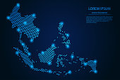 Abstract image Southeast Asia map from point blue and glowing stars on a dark background