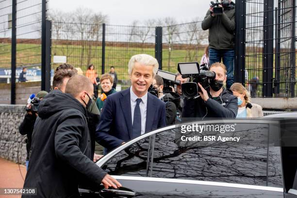 Leader Geert Wilders arrives to cast his vote during the 2021 Dutch General Election at a polling station on March 17, 2021 in The Hague,...