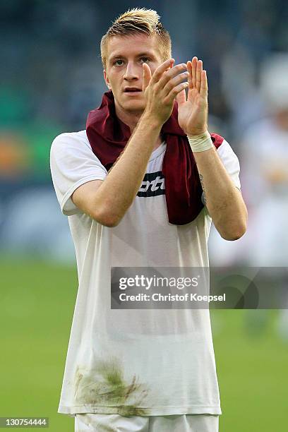 Marco Reus of Moenchengladbach celebrates after winning 2-1 the Bundesliga match between Borussia Moenchengladbach and Hannover 96 at Borussia Park...