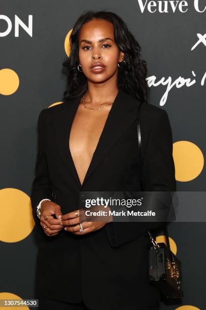 Sabrina Elba arrives at a cocktail event to celebrate Veuve Clicquot's partnership with artist Yayoi Kusama and new vintage 'La Grande Dame 2012' at...