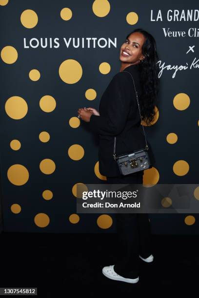 Sabrina Elba arrives at a cocktail event to celebrate Veuve Clicquot's partnership with artist Yayoi Kusama and new vintage 'La Grande Dame 2012' at...