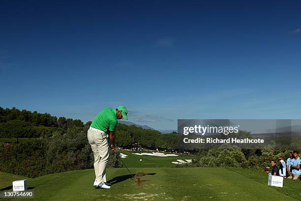 Sergio Garcia of Spain tee's off at the 15th during the third round of the Andalucia Masters at Valderrama on October 29, 2011 in Sotogrande, Spain.