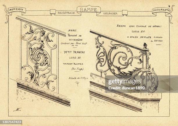 stockillustraties, clipart, cartoons en iconen met sierlijke balustrade, victoriaans architectonisch detail, architectuur kunstdruk, 19e eeuw - ballustrade