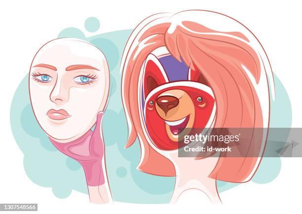 fox hiding and holding pretty face - two faces in one stock illustrations