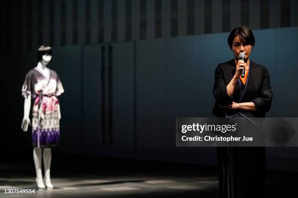 Japanese fashion designer Tamae Hirokawa speaks about her sowaha designs on the runway during Rakuten Fashion Week TOKYO 2021 autumn/winter at...